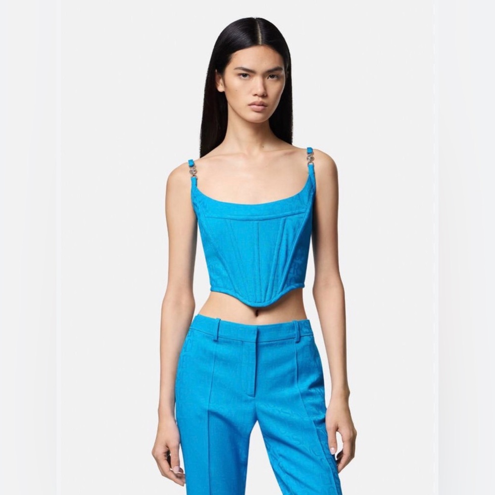 Versace Logo Corset Jacquard Fitted Blue Top NWT 38